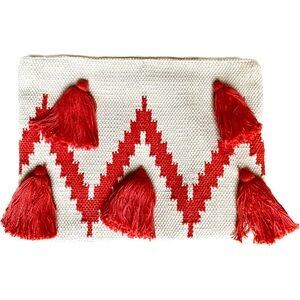 NWOT- Mud Pie Clutch Bag with Tassels Beige And Burnt Orange With Zipper